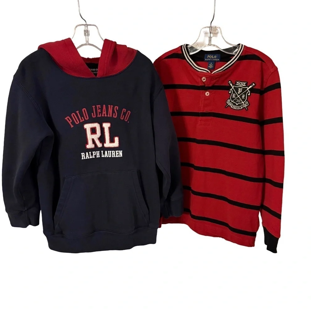 Ralph Lauren Boys 2 PCS SET Rowing Club Henley Shirt & Navy Pullover Hoodie Sz 6